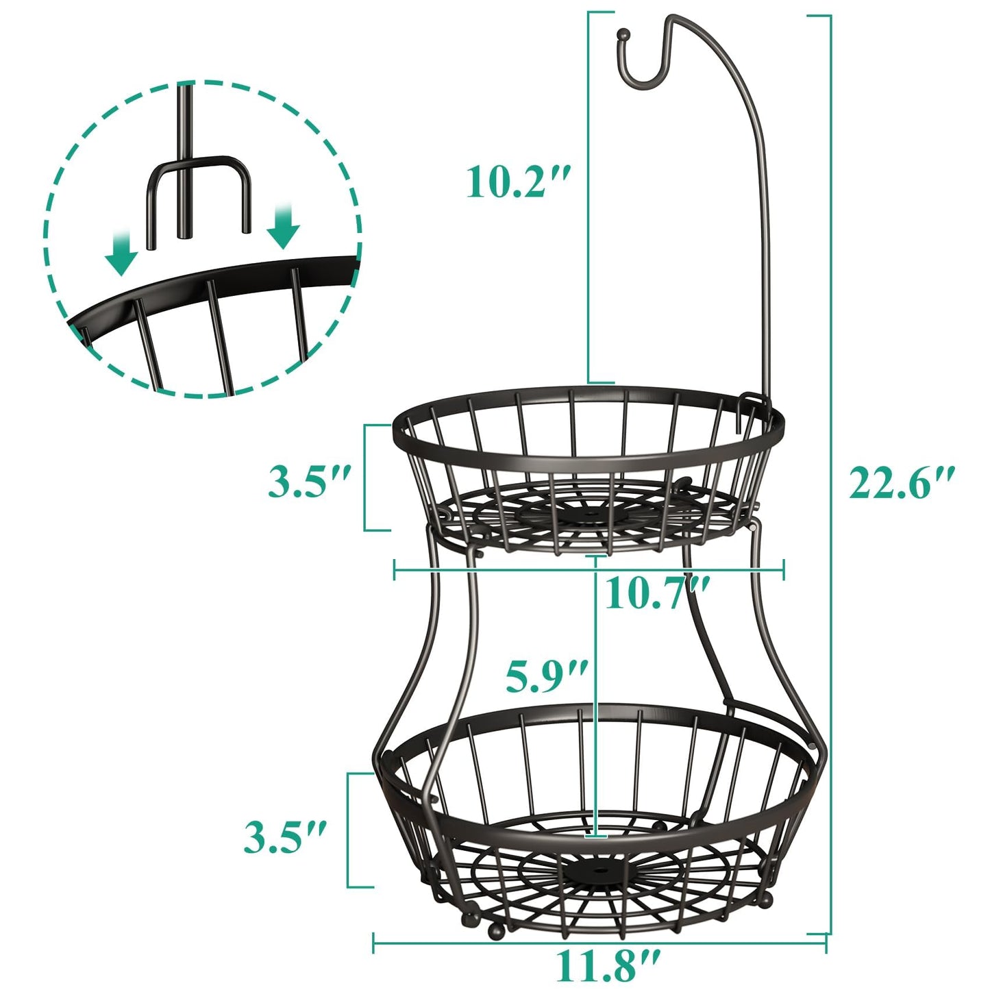 SAYZH 2-Tier Fruit Basket Bowl Stackable Vegetable Storage with Banana Tree Hanger Stand for Kitchen Countertop, Metal Wire Basket for Bread Onions Potatoes Black