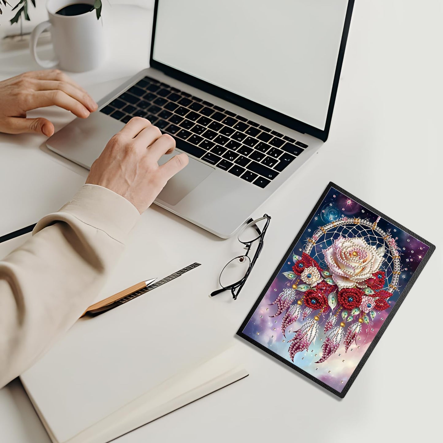 JZHYOAN Rose DIY Diamond Painting Blank Notebook 5D Flower Diamond Art Journal Sketchbook Mosaic Cross Stitch Note Book Kit Gem Art Dairy Travel Drawing Message Art Notebook Craft for Adult Office