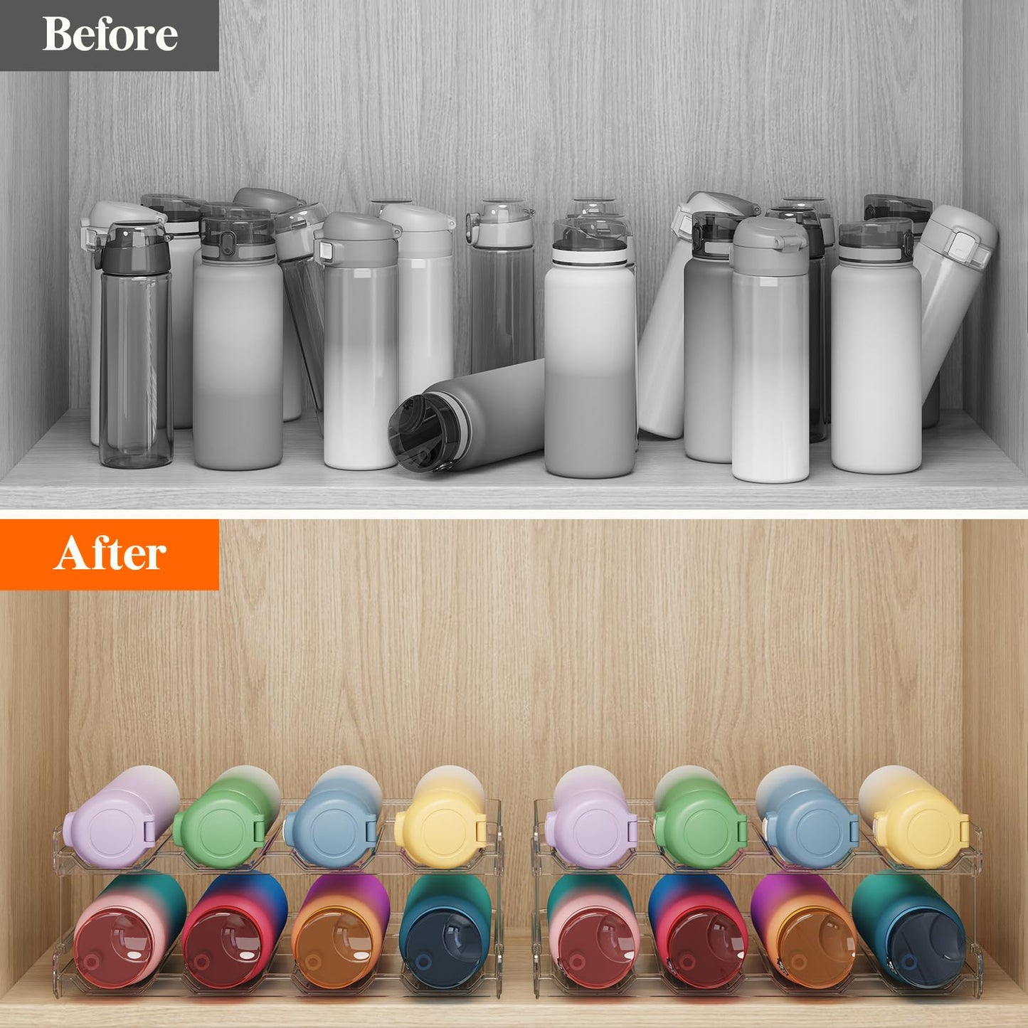 Lifewit Stackable Water Bottle Organizer for Cabinet, Plastic Bottle Holder Fits Bottles & Tumblers up to 3.8" Diameter, Pantry, Countertop & Fridge, 2 Tier Holds 8 Bottles