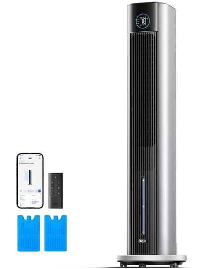 DREO Tower Fan for Bedroom, 43" Cooling Fans That Blow Cold Air 2026 Upgraded, Evaporative Air Cooler, Quiet 80° Oscillating Floor Fan, Easy Cleaning, APP Control, 4 Modes 4 Speeds, 12H Timer, Silver