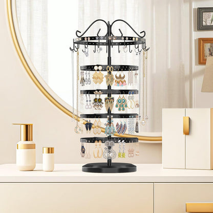 MODOWEY Rotating Jewelry Holder Organizer Stand, 5 Tier Metal Adjustable Display Tree, 228 Hole Earring Tower for Stud Dangle, 17 Hook Necklace Bracelet Storage Rack, Versatile Compact Hanger, Black