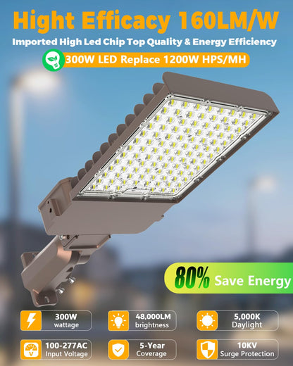 CLLIGHTING 300W Parking Lot Light: 160lm/W 5000K Arm & Slip Fitter Mount LED Parking Lot Lights for Commercial - IP66 Waterproof Rating LED Pole Light for Parking Area with 48000LM 2PACKS