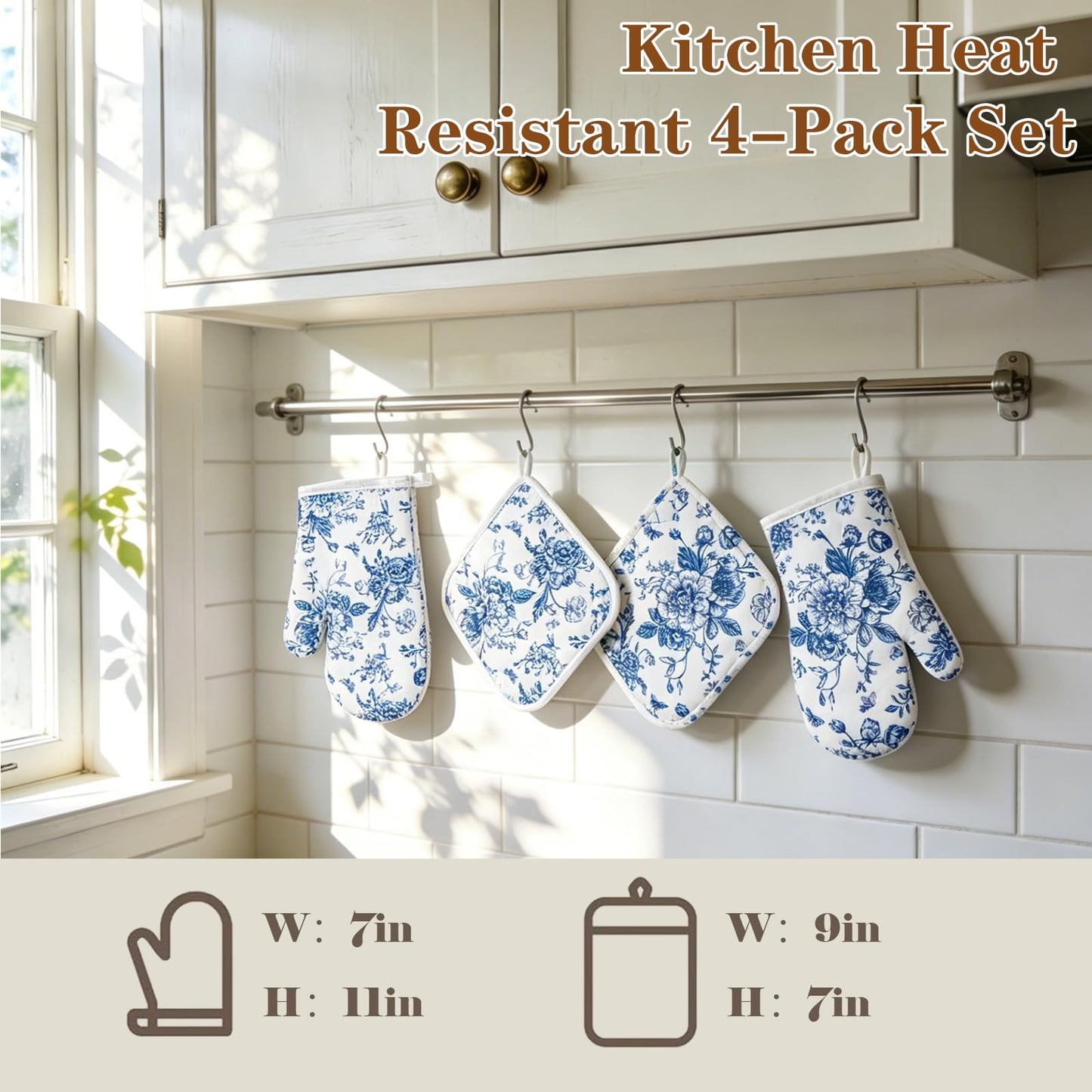 AnyDesign 4Pcs Blue Porcelain Floral Oven Mitts and Pot Holders Set Heat Resistant Non-Slip Potholders Chinoiserie Flower Kitchen Oven Gloves with Hot Pads for Cooking Baking