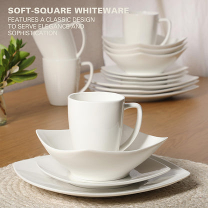 Gibson Home Zen Buffet White Porcelain Dinnerware Set for 4, Square Plates Bowls and Mugs, Chip and Scratch Resistant, Dishwasher and Microwave Safe, 16 Piece