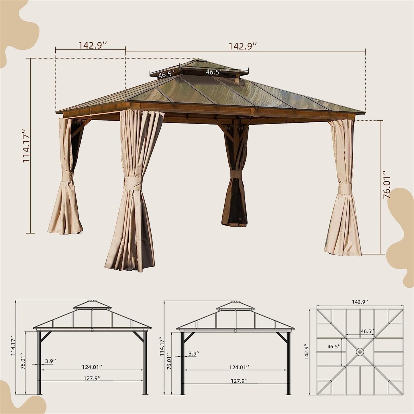 GOWE 12'x12' Hardtop Gazebo, Permanent Outdoor Gazebo with Polycarbonate Double Roof, Aluminum Gazebo Pavilion with Curtain and Net for Garden, Patio, Lawns, Deck, Backyard(Wood-Looking)