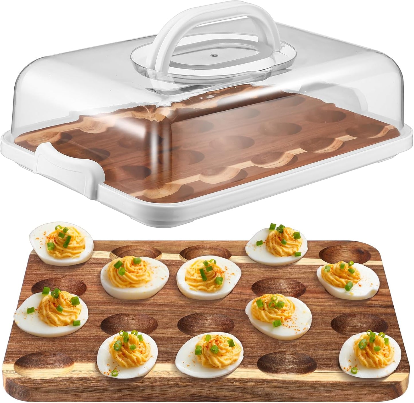 20 12 8.5 Inch Countertop(White) Baderke Easter Gift Acacia Wood Deviled Egg Platter with Lid Base Holes x Round