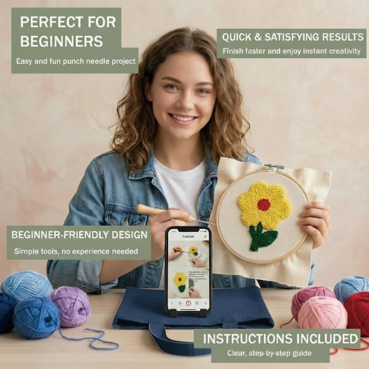 TINKAZ DIY Punch Needle Tote Bag Kit for Beginners, Embroidery Craft Set with Canvas Tote Bag, Yarn & Punch Needle Tool, Handmade Embroidery Kit for Creative Gift Idea
