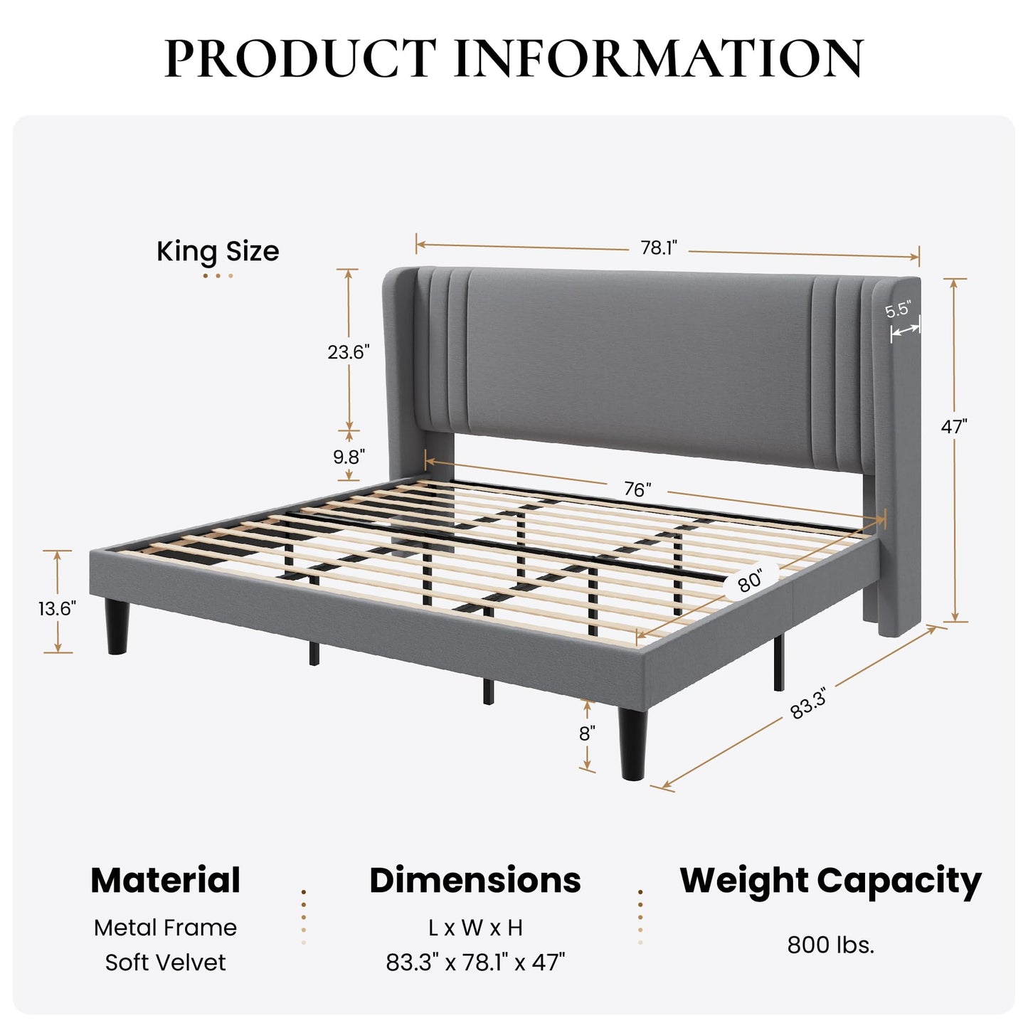 SHA CERLIN King Size Velvet Upholstered Platform Bed Frame with Vertical Channel Tufted Wingback Headboard, Wooden Slats Support, Easy Assembly, Under Bed Storage, No Box Spring Required, Grey