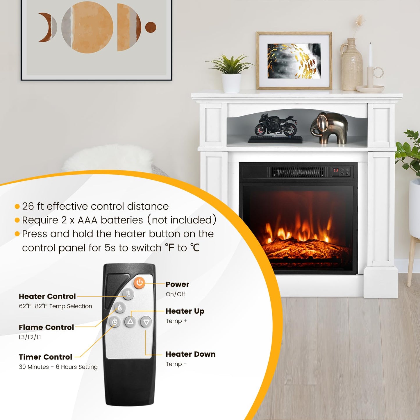 Tangkula Electric Fireplace Mantel, Freestanding Wooden Surround Firebox with 1400W Fireplace Heater, Remote Control, Thermostat, 3D Flame Effect, 6H Timer, Overheat Protection