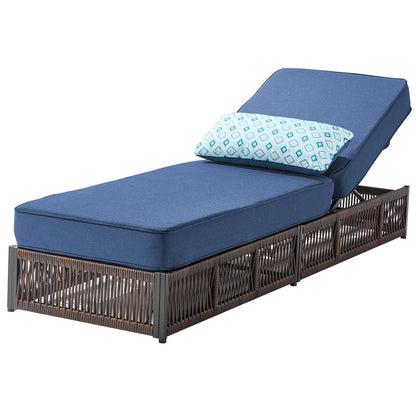 ACTREST Luxury Outdoor Chaise Lounge with 5 Inch Thickened Cushions - 1 Set High Back Brown Wicker Patio Recliners Rattan Reclining Chairs Porch Poolside Pool Sunbathing Lounger - Navy Blue