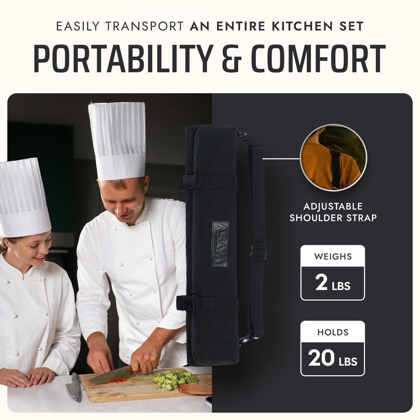 Asaya Waxed Canvas Chef Knife Roll Bag with 10 Slots and a Zipper Pocket - Professional Chef Knife Bag & Storage Case, with Shoulder Strap - Knives Not Included (Black)