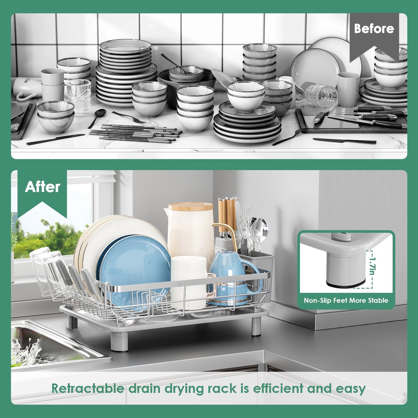 MOUKABAL Dish Drying Rack, Dish Rack, Stainless Steel Dish Racks for Kitchen Counter, Dish Drainer with Removable Utensil Holder, Drainboard (Grey,Stainless Steel,13''W x 17''L)