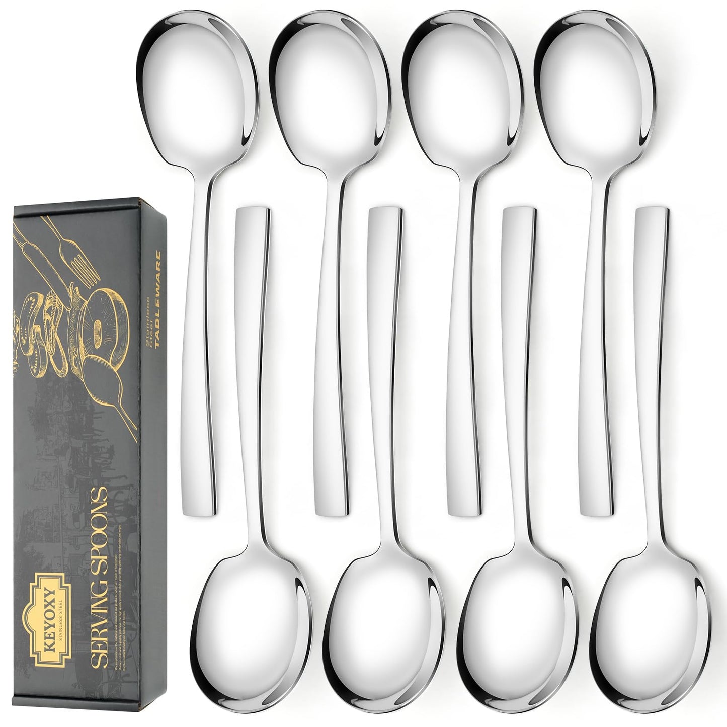 Keyoxy 8 Piece Stainless Steel Serving Spoons Set - 8 Large Spoons, 9.2-Inch, Dishwasher Safe, for Parties/Kitchen/Buffet/Catering
