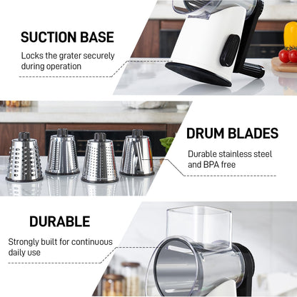 VEKAYA Rotary Cheese Grater Hand Crank with 4 Interchangeable Stainless Steel Blades, Large Manual Handle Shredder and Waffle Slicer for Vegetables, Cheese and Nuts with Table Suction Base(White)