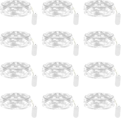 Lakumu Fairy Lights - 12-Pack Battery Operated 7FT Waterproof Silver Wire LED String Lights | Cool White for DIY Decor