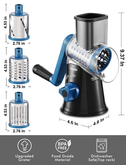 Geedel Rotary Cheese Grater, Kitchen Mandoline Vegetable Slicer with 3 Interchangeable Blades, Easy to Clean Rotary Grater Slicer for Fruit, Vegetables, Nuts