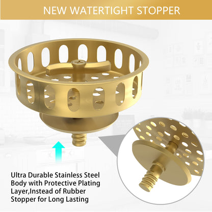 Exakey Gold Sink Drain Strainer 3-1/2 Inch Kitchen Sink Drain Assembly Kit with Stainless Steel Strainer Basket and Drain Stopper for Standard Kitchen Sink Brushed Gold