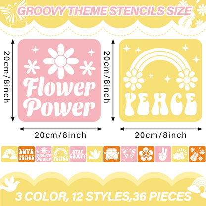 36pcs Groovy Hippie Drawing Stencils for Kids 8 Inch Sidewalk Chalk Stencils Painting Spring Gifts Large Washable Reusable Retro Boho Themed Primary Shape Template for Kids Toddlers Preschool