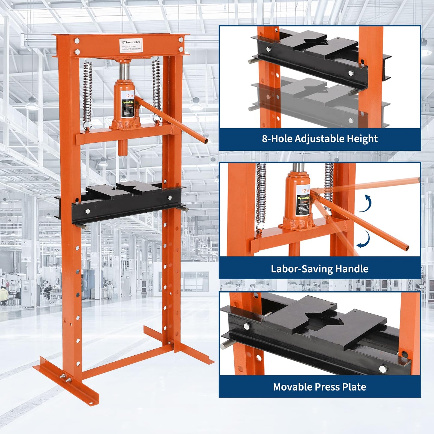 Hydraulic Press 12 Ton Hydraulic Shop Press H-Frame Garage Floor Adjustable Shop Press with 2 Plates Adjustable Working Table Height, Orange