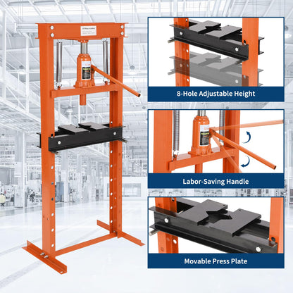 Hydraulic Press 12 Ton Hydraulic Shop Press H-Frame Garage Floor Adjustable Shop Press with 2 Plates Adjustable Working Table Height, Orange