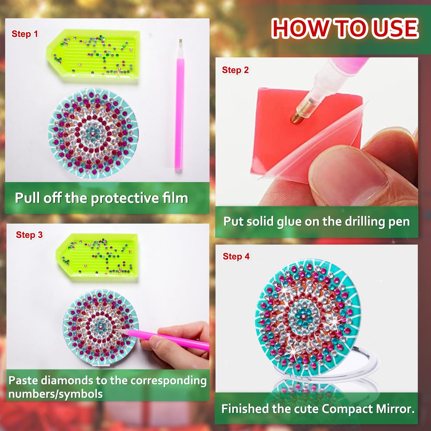 HXYQMMY 4Pcs Diamond Painting Compact Mirror Kits - DIY Pocket Mirror with Mandala Diamond Painting Cover Portable Folding Mini Makeup Mirror Diamond Art Kits for Women Gift (mirror116-119)