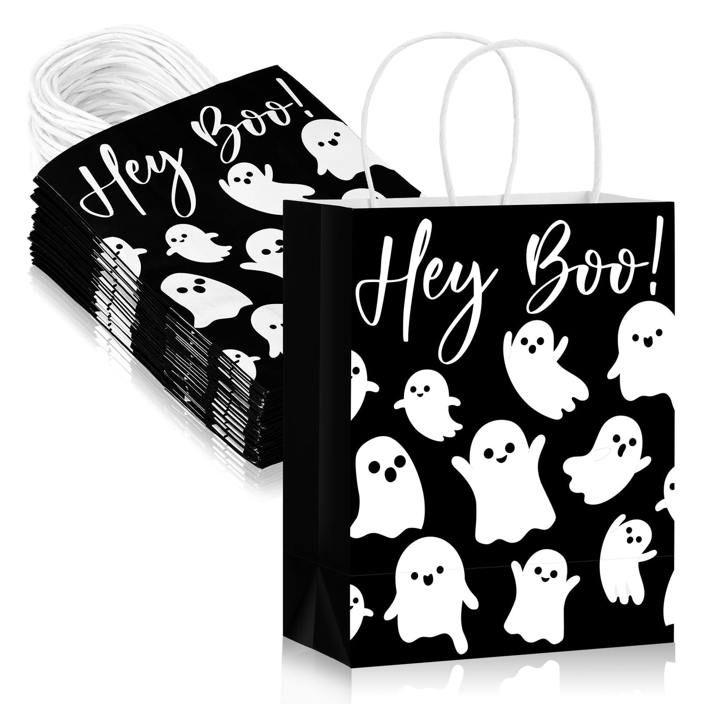 Chiisong 24 Pcs Halloween Hey Boo Ghost Paper Gift Bags with Handles Medium White Ghost Party Favor Bags for Halloween Home Table Party Supplies
