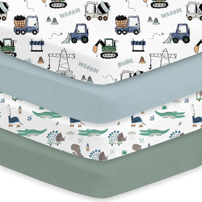 Little Grape Land Crib Sheets 4 Pack for Boys and Girls, Baby Neutral Crib Fitted Sheets for Standard Crib & Toddler Mattress, Super Soft Breathable Fitted Crib Sheet Set (Truck & Alligator)