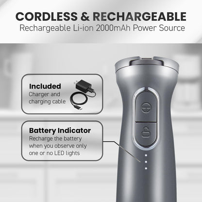 Elite Gourmet EHB1300 Cordless Rechargeable Hand Blender, Stainless Steel Blade, Variable Speed Blending, One-Touch