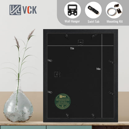 VCK 11x14 Picture Frame Set of 2 - Black, Textured Exclusive Wooden Frames with HD Glass, Display Photo 8x10 with Mat or 11x14 Without Mat