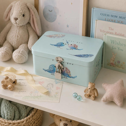 LOGOFUN Retro Style Rectangle Tinplate Storage Box with Padlock Two Birds Pattern Small Metal Keepsake Container Tin Case for Kids Girls Boys Gifts