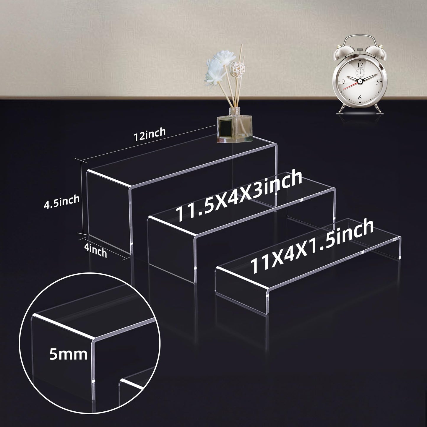 Jusalpha 3 Pcs 12" Large Acrylic Risers 5mm thickness Rectangular Display Shelf for Cupcake Stand, Tiered Display Stand for Funko Candy Shoe Showcase, Collectibles (3 Pieces)