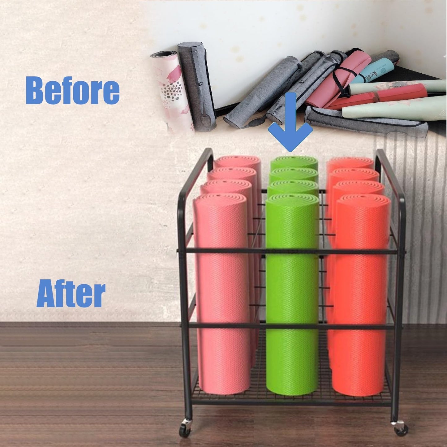 12 Mats Large Commercial Storage Cart, Rolling Metal Organizer Holder for Foam Roller/Yoga Strap/Dumbbells Display, Home Studio Gym Office Equipment Rack,Black