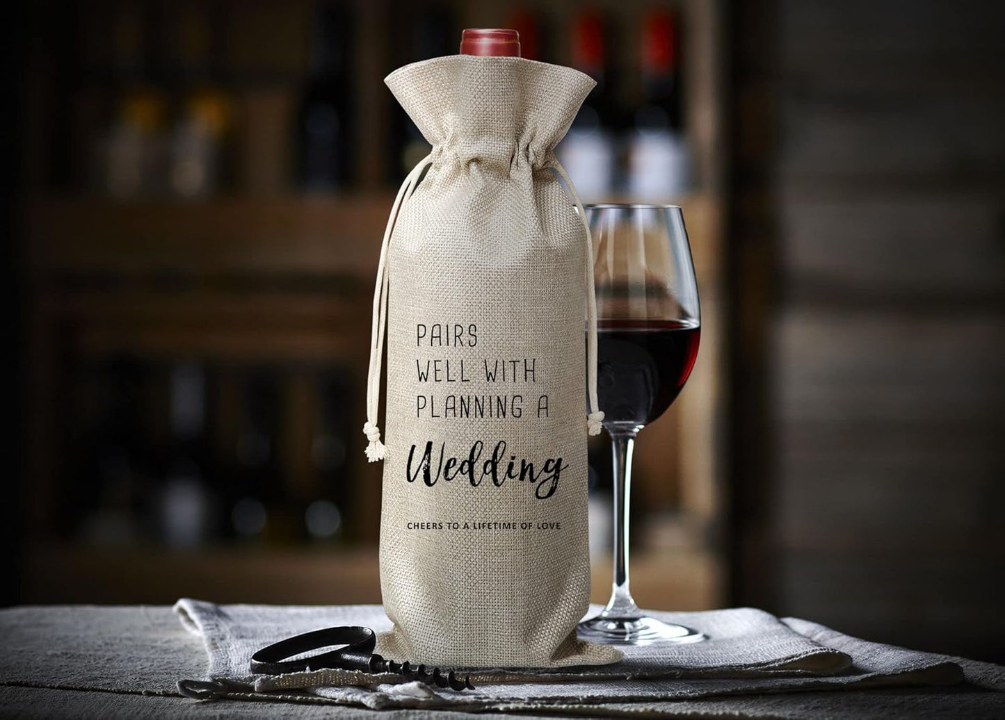 Pairs Well With Planning A Wedding Wine Bag, Gift for Wedding Ceremony, Engagement, Burlap Bag – 1 Pc