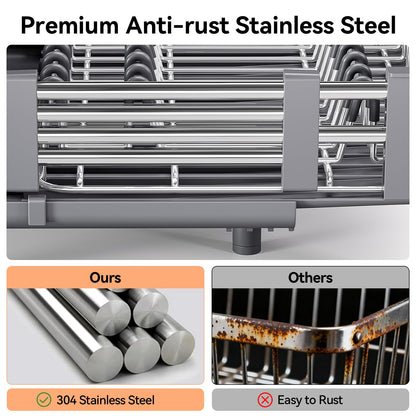 Urackify Stainless Steel Dish Drying Rack - Dish Drainer for Kitchen Counter, Extendable Drainboard with Foldable, Space-Saving Cup & Bowl Organizer, Includes Knife and Utensil Holder, Gray