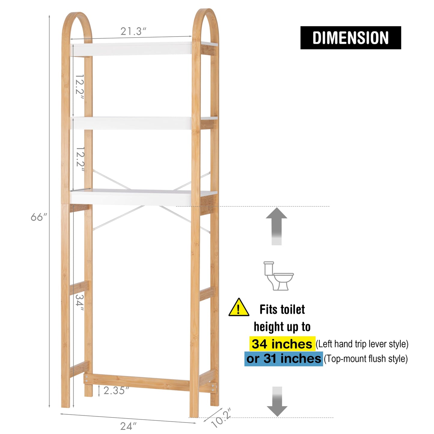 Spirich Over The Toilet Storage Shelf, 3-Tier Over Toilet Bathroom Organizer, Space-Saving Above Toilet Storage Shelf Rack with Bamboo Frame
