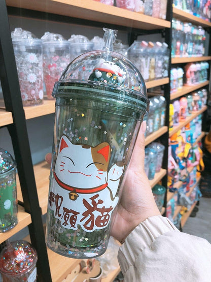 Lucky Cat Travel Mug with Straw, Blue Drinking Cup with Strap for Picnic Party Birthday (Lucky Cat Green, 430 ml)