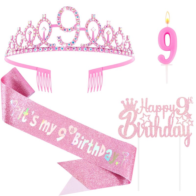 Vovii 9th Birthday Party Decorations Set for Girls- Pink Crown, Glitter Sash, Number 9 Candle & Cake Topper Kit for Birthday Celebrations Party Supplies Gift