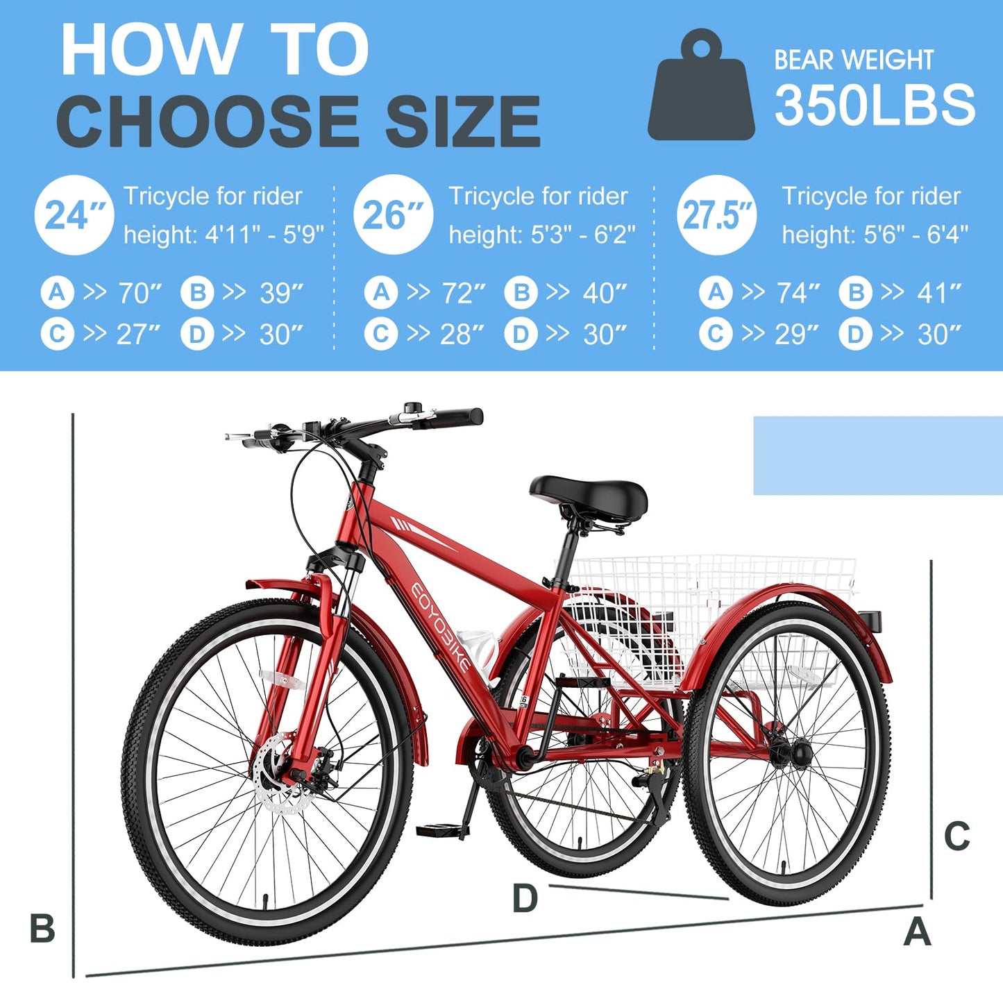 Slsy Adult Mountain Tricycle, 7 Speed Three Wheel Bike, 24/26 Inch Adults Trikes for Seniors with Shopping Basket, Exercise Men's Women's Tricycles