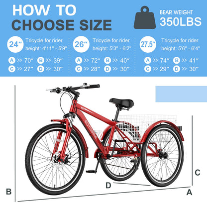 Slsy Adult Mountain Tricycle, 7 Speed Three Wheel Bike, 24/26 Inch Adults Trikes for Seniors with Shopping Basket, Exercise Men's Women's Tricycles