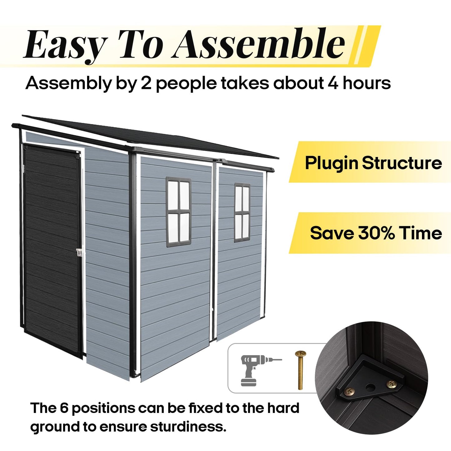 FammyLoft 4x8 FT Lean to Shed with Floor, Resin Storage Shed & Outdoor Storage Clearance with 2 Windows, Backyard Storage Sheds for Garden, Patio, Backyard, (Black+Grey)