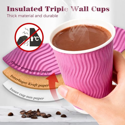 Charmount 100 Pack 12 oz Pink Disposable Insulated Coffee Cups with Lids - Ripple Wall Hot Paper To-Go Cups for Coffee, Tea, Cocoa, and Drinks - For Valentines Day