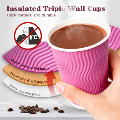 Charmount 100 Pack 12 oz Pink Disposable Insulated Coffee Cups with Lids - Ripple Wall Hot Paper To-Go Cups for Coffee, Tea, Cocoa, and Drinks - For Valentines Day