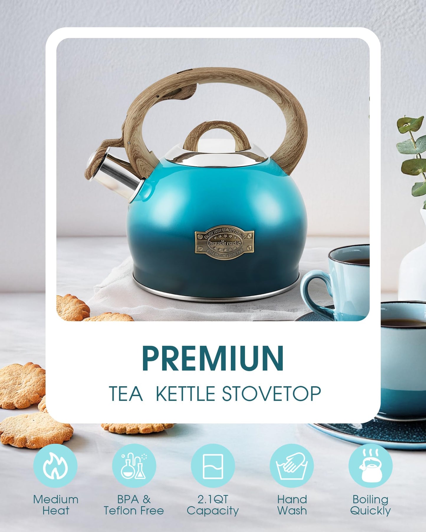 Hauce Radio Tea Kettle, Whistling Stovetop Teapot Food Grade Stainless Steel Tea Kettles for Stove Top with Anti-hot Ergonomic Handle,Kettle Spout for Tea, Coffee or Milk, 2.1 Quart Tea Pots