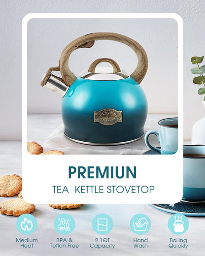 Hauce Radio Tea Kettle, Whistling Stovetop Teapot Food Grade Stainless Steel Tea Kettles for Stove Top with Anti-hot Ergonomic Handle,Kettle Spout for Tea, Coffee or Milk, 2.1 Quart Tea Pots