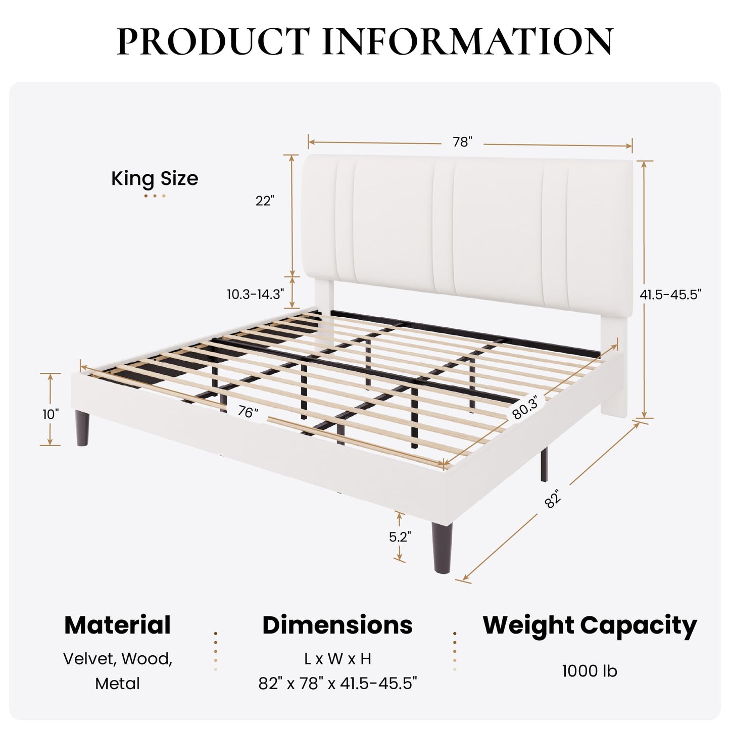 SHA CERLIN King Size Platform Bed Frame, Velvet Upholstered Bed with Adjustable Headboard, Vertical Channel Tufted Design, Sturdy Wood Slat Support, No Box Spring Needed, Easy Assembly, White