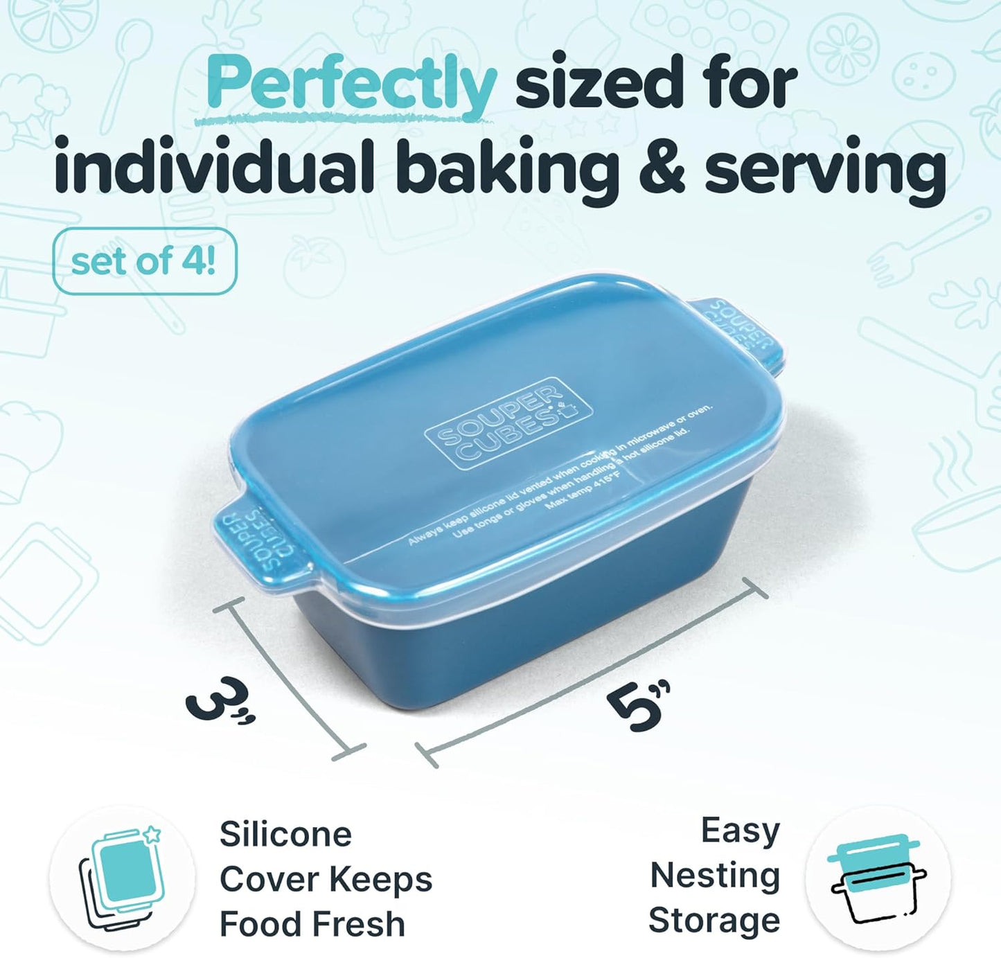Souper Cubes Stoneware Baking Dish - Small 5" x 3" Ceramic Set of 4 with Silicone Covers | Blueberry Color