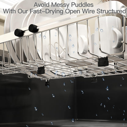 MAJALiS Dish Drying Rack Over The Sink, Expandable Stainless Steel Dish Drainer for Small Kitchen Counter Space Saving, RV Compact Plate Strainer In Silver Metal with Hanging Adjustable Utensil Holder