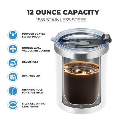MEWAY 12oz/8 Pack Coffee Mug With Lid, Insulated Stainless Steel Reusable Coffee Cup, Double Wall Durable Coffee Mug, Powder Coate，For Coffee, Beer, Home, Office(MIX,8 Pack)