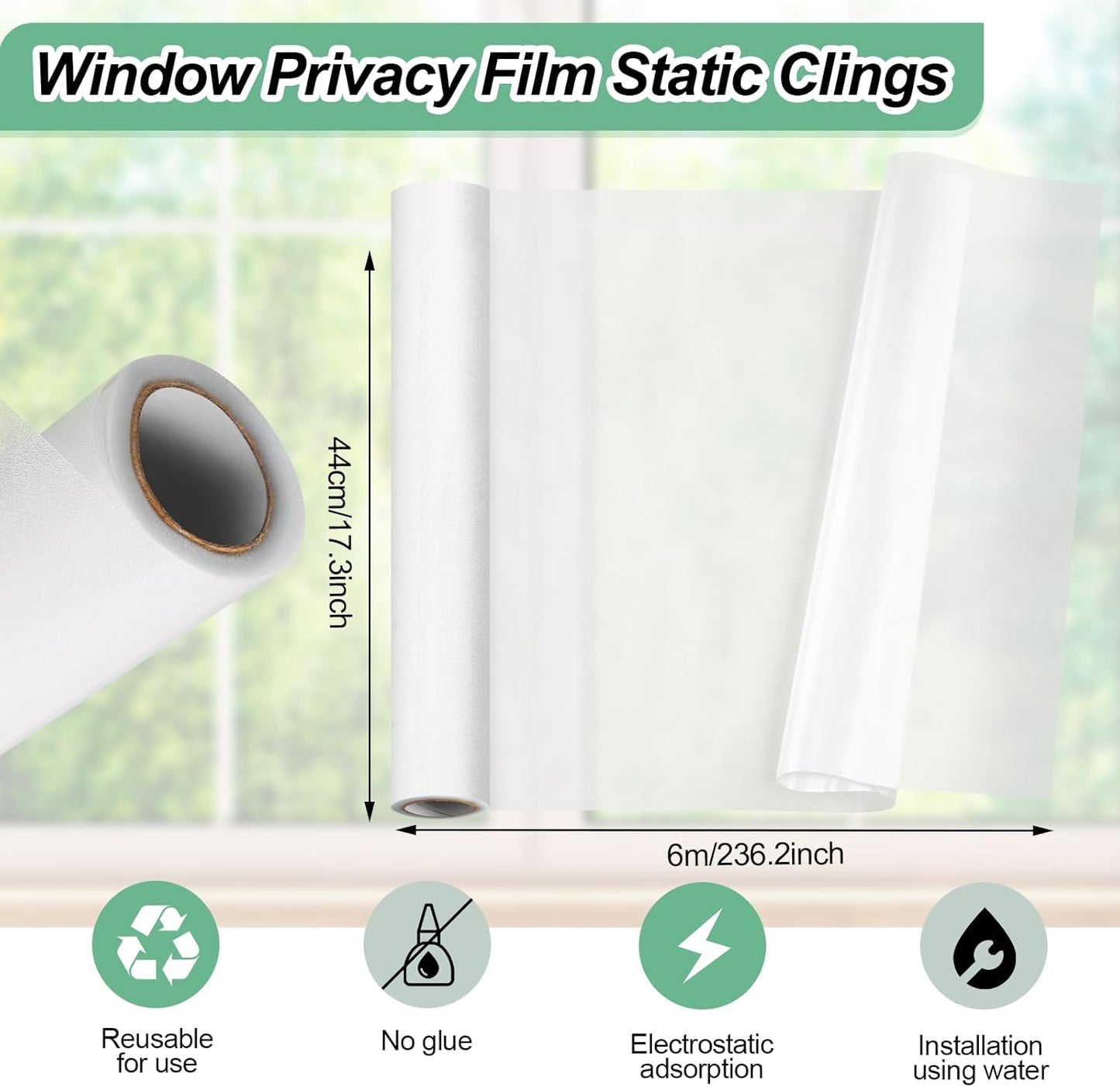 Frosted Glass Window Film, 17.3x236.2 Inches Non-Adhesive Privacy Film, Anti-UV for Bathroom Home and Office