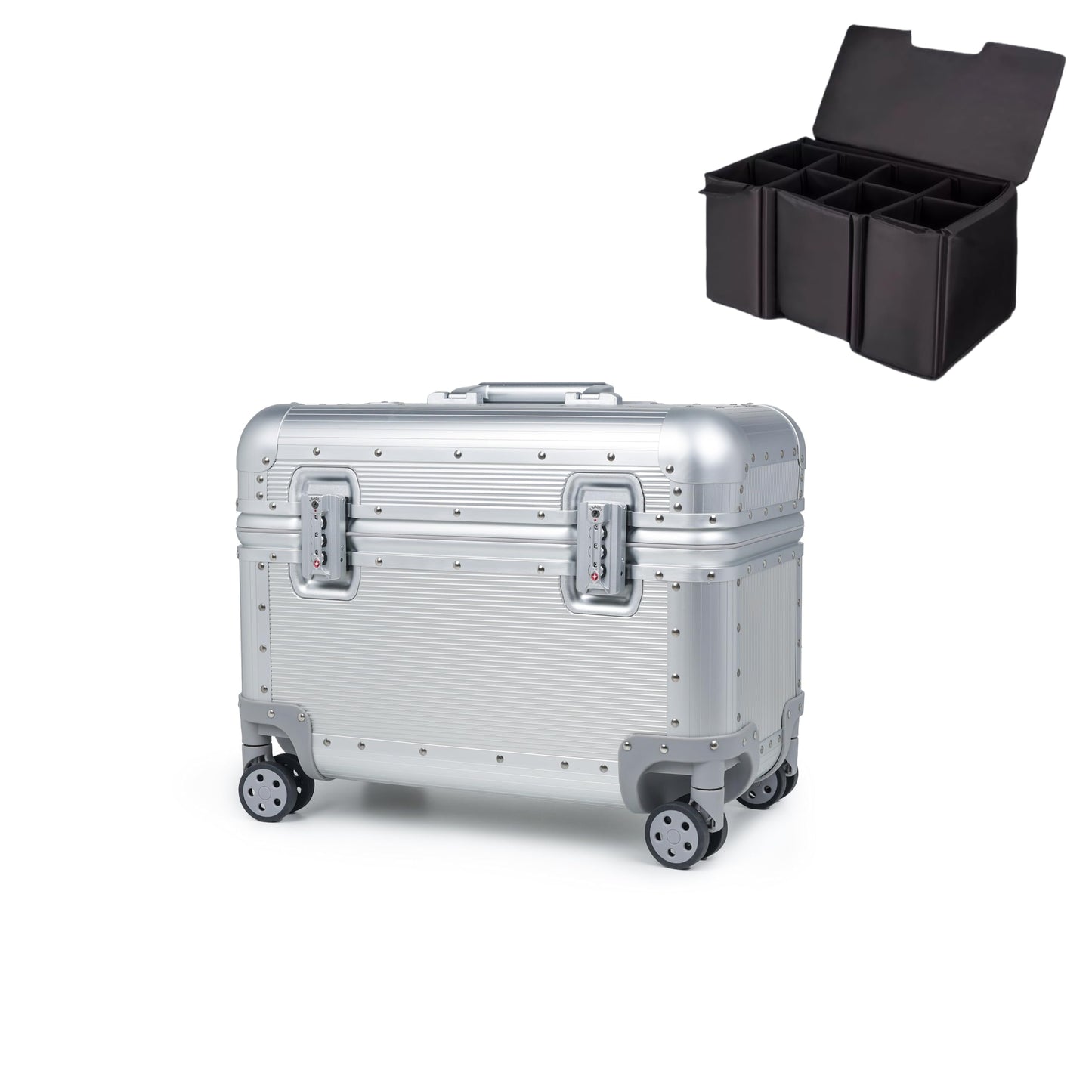 Perle Path All Aluminum Rolling Camera Case, Pilot case, Camera roller bag, Carry on, Hard Shell Photography Equipment suitcase with 4 Wheels and Telescopic Handle (Silver(with camera bag inside))